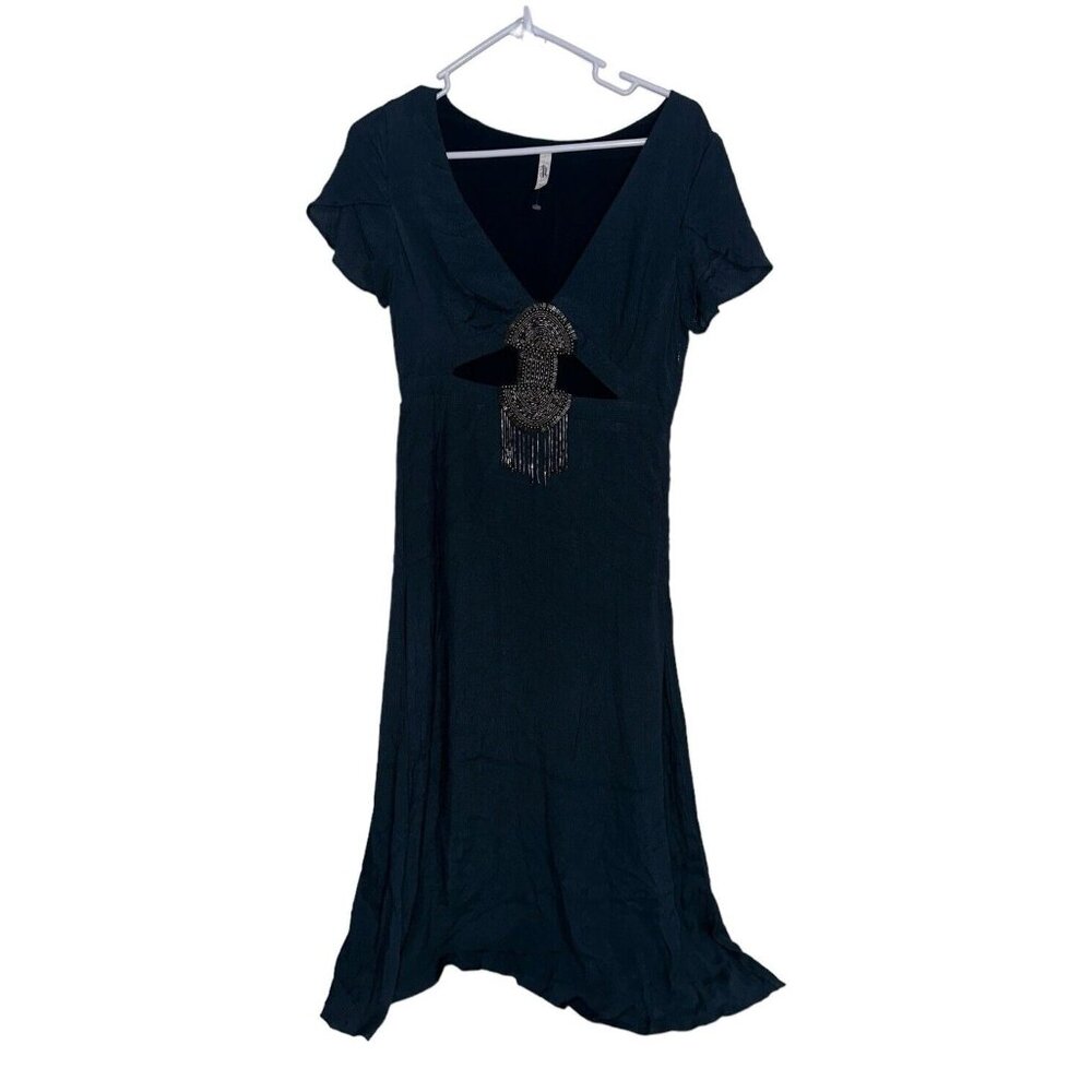 Free People Teal Blue Beaded Dress Size 2 Empire Waist Cutout Midi Cap Sleeve